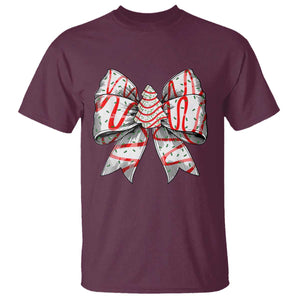 Coquette Bow Christmas Tree Cake T Shirt Xmas Vibes TS02 Maroon Print Your Wear