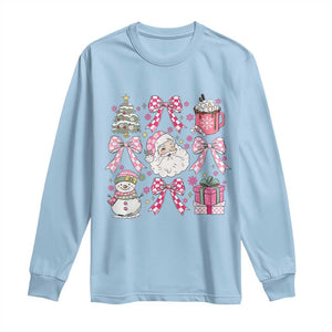 Retro Santa Claus Pink Coquette Bow Long Sleeve Shirt Festive Xmas Vibe TS02 Light Blue Print Your Wear