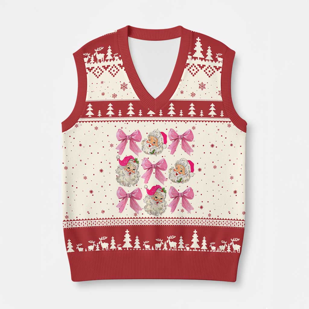 Vintage Pink Xmas Coquette Bow V-Neck Knit Sweater Vest Santa Claus Festive Xmas Vibe TS02 Beige Red Print Your Wear