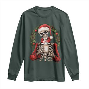 Skeleton Christmas Long Sleeve Shirt Dead Inside But Caffeinated Coffee Lover Xmas Vibe TS02 Dark Forest Green Print Your Wear