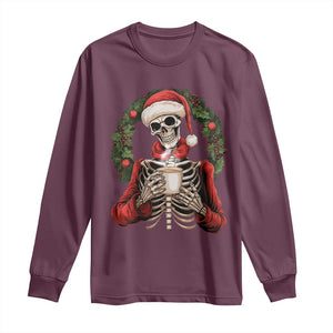 Skeleton Christmas Long Sleeve Shirt Dead Inside But Caffeinated Coffee Lover Xmas Vibe TS02 Maroon Print Your Wear