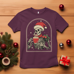 Skeleton Christmas T Shirt Dead Inside But Caffeinated Coffee Addict Xmas Vibe TS02 Maroon Printyourwear