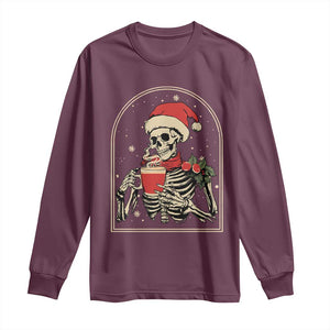 Skeleton Christmas Long Sleeve Shirt Dead Inside But Caffeinated Coffee Addict Xmas Vibe TS02 Maroon Print Your Wear