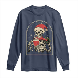 Skeleton Christmas Long Sleeve Shirt Dead Inside But Caffeinated Coffee Addict Xmas Vibe TS02 Navy Print Your Wear