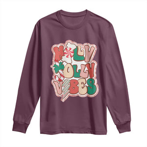 Groovy Christmas Long Sleeve Shirt Holly Jolly Vibes TS02 Maroon Print Your Wear