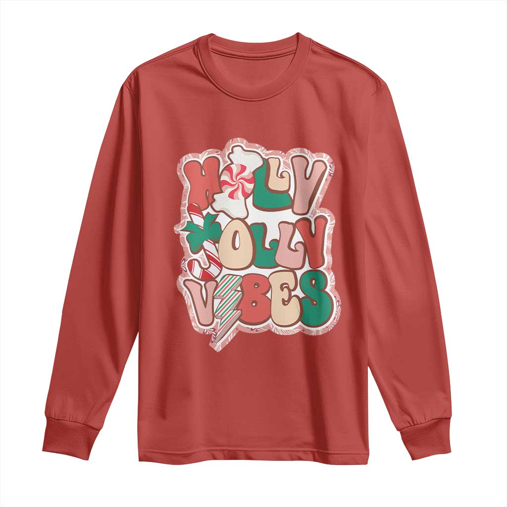 Groovy Christmas Long Sleeve Shirt Holly Jolly Vibes TS02 Red Print Your Wear