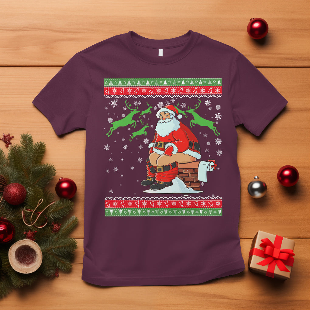 Funny Santa Claus T Shirt Pooping Down The Chimney Ugly Sweater Christmas TS02 Maroon Printyourwear