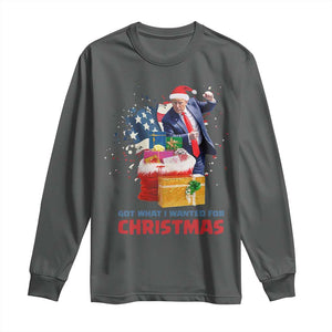 Christmas Trump Long Sleeve Shirt Got What I Wanted For Xmas 47th President American Flag TS02 Dark Heather Print Your Wear