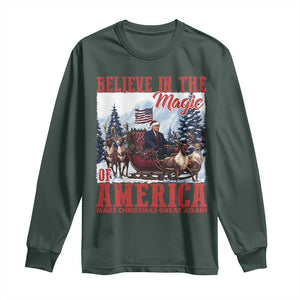 Christmas Trump Long Sleeve Shirt Believe In The Magic Of America Make Christmas Great Again US Flag TS02 Dark Forest Green Print Your Wear