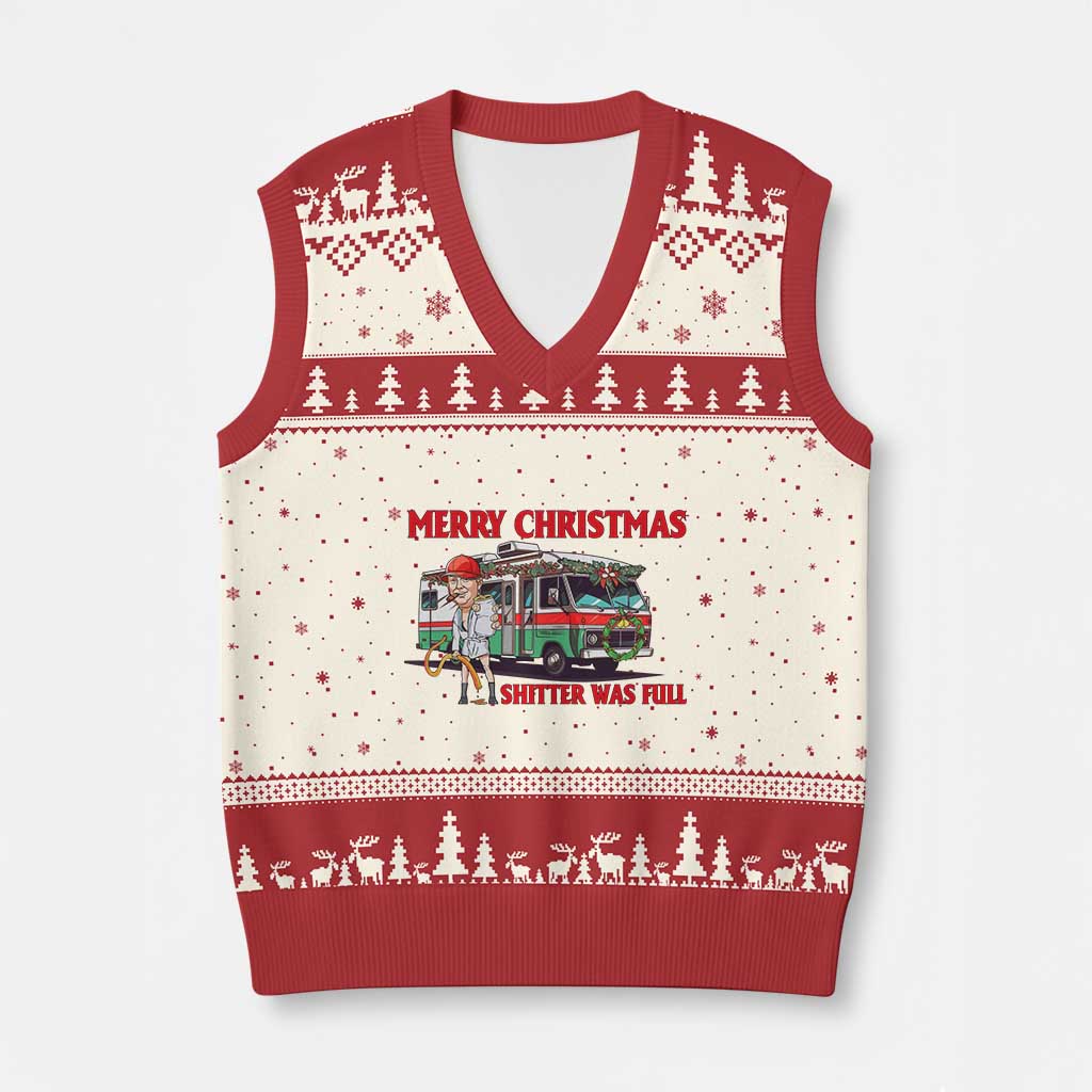 Funny Xmas Movie Trump V-Neck Knit Sweater Vest Merry Xmas Shitter Was Full TS02 Beige Red Print Your Wear