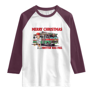 Funny Xmas Movie Trump Raglan Shirt Merry Christmas Shitter Was Full TS02 White Maroon Print Your Wear