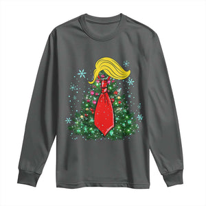 Christmas Trump Long Sleeve Shirt Funny Xmas Tree Blonde Hair Red Cravat TS02 Dark Heather Print Your Wear