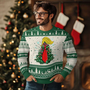 Xmas Trump Ugly Christmas Sweater Funny X-mas Tree Blonde Hair Red Cravat TS02 Green Print Your Wear