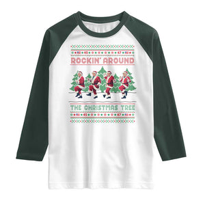 Christmas Trump Dance Raglan Shirt Rocking Around The Christmas Tree US President Dancing TS02 White Dark Forest Green Print Your Wear