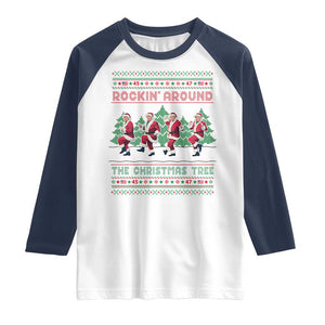 Christmas Trump Dance Raglan Shirt Rocking Around The Christmas Tree US President Dancing TS02 White Navy Print Your Wear