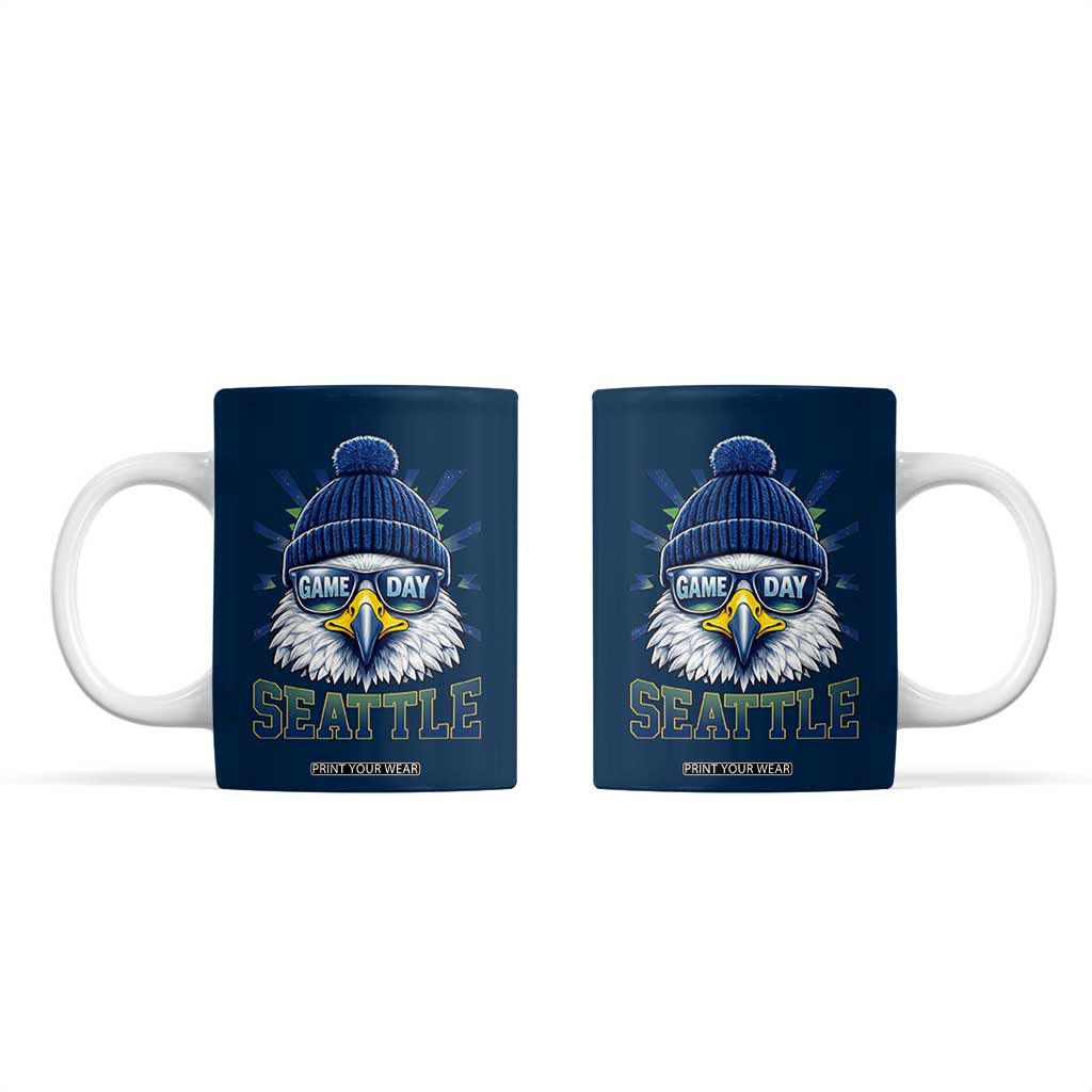 Cool Blue and Green Hawk with Beanie Graphic Coffee Mug Seattle Game Day Sports Fan TS02 Navy Print Your Wear