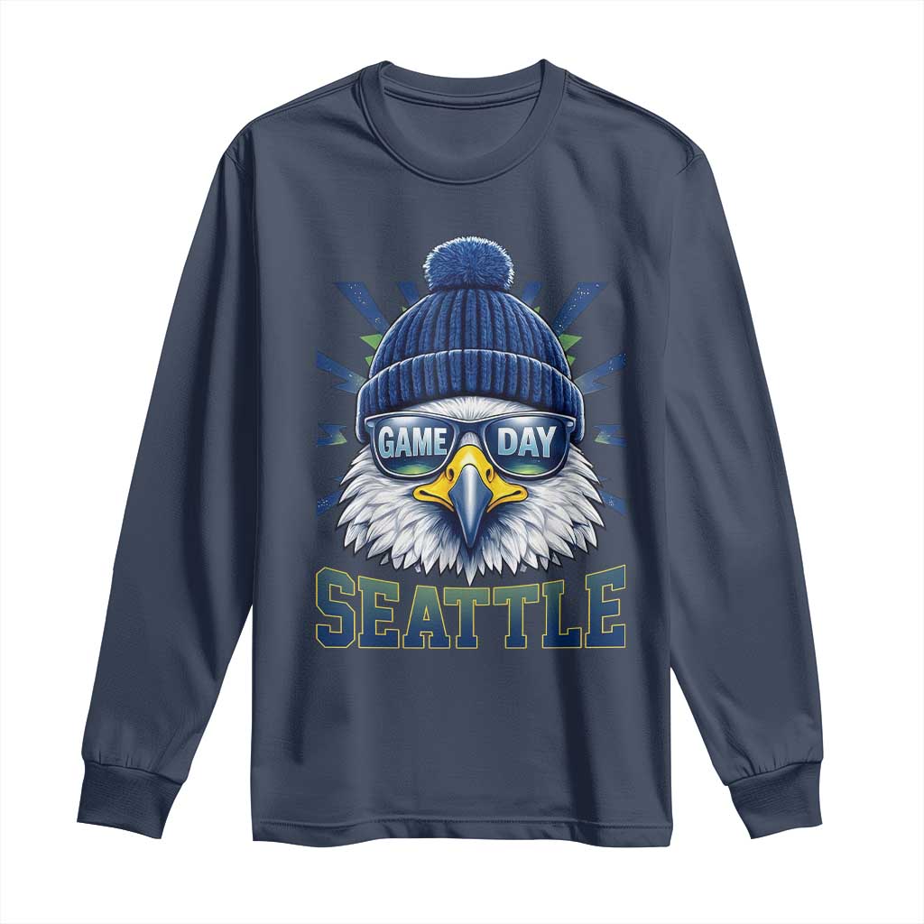 Cool Blue and Green Hawk with Beanie Graphic Long Sleeve Shirt Seattle Game Day Sports Fan TS02 Navy Print Your Wear