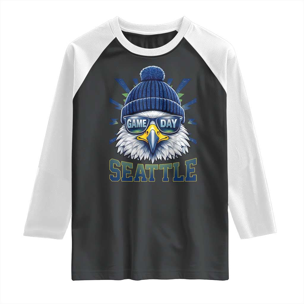 Cool Blue and Green Hawk with Beanie Graphic Raglan Shirt Seattle Game Day Sports Fan TS02 Black White Print Your Wear