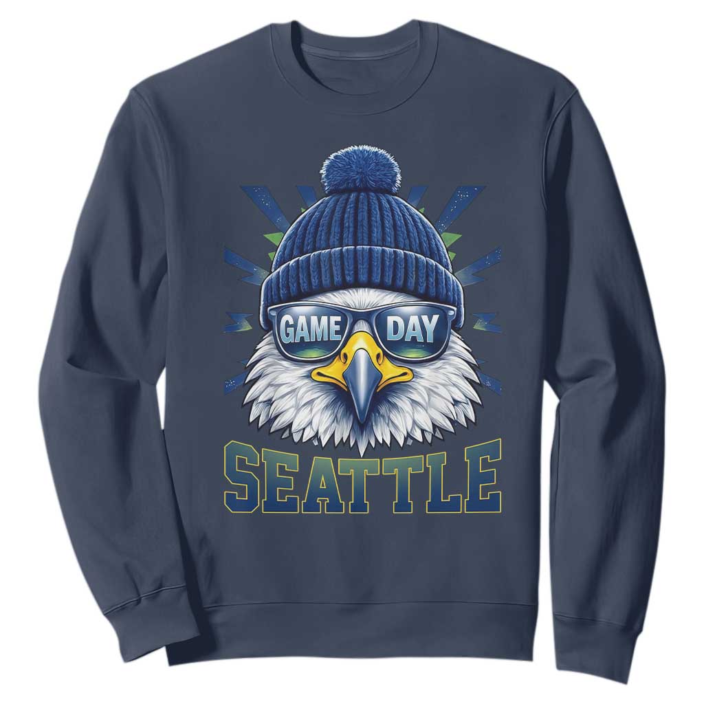 Cool Blue and Green Hawk with Beanie Graphic Sweatshirt Seattle Game Day Sports Fan TS02 Navy Print Your Wear