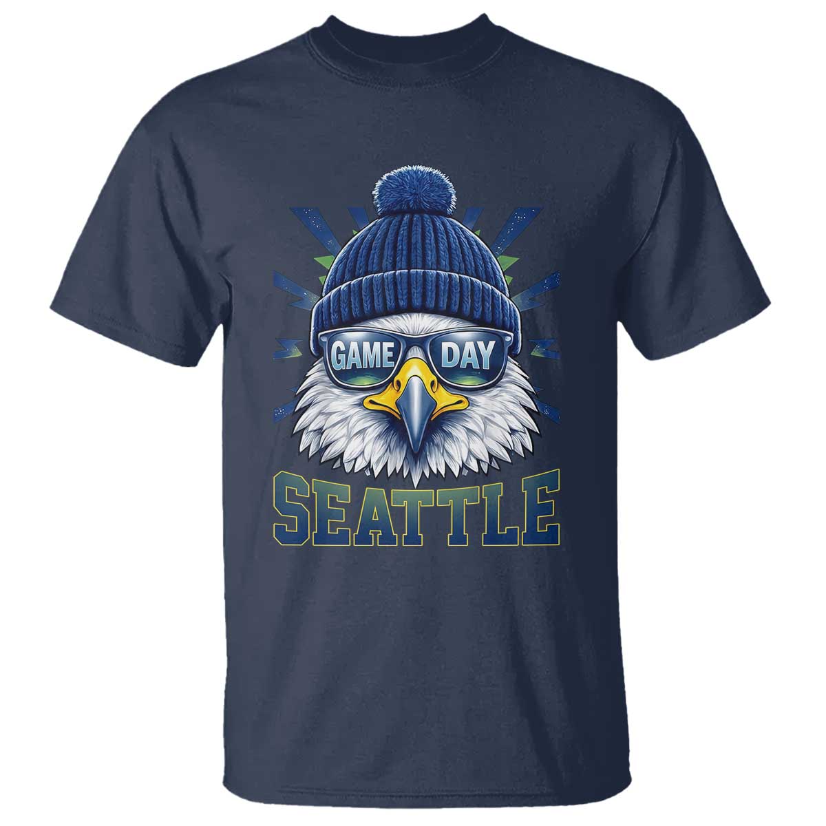 Cool Blue and Green Hawk with Beanie Graphic T Shirt Seattle Game Day Sports Fan TS02 Navy Print Your Wear