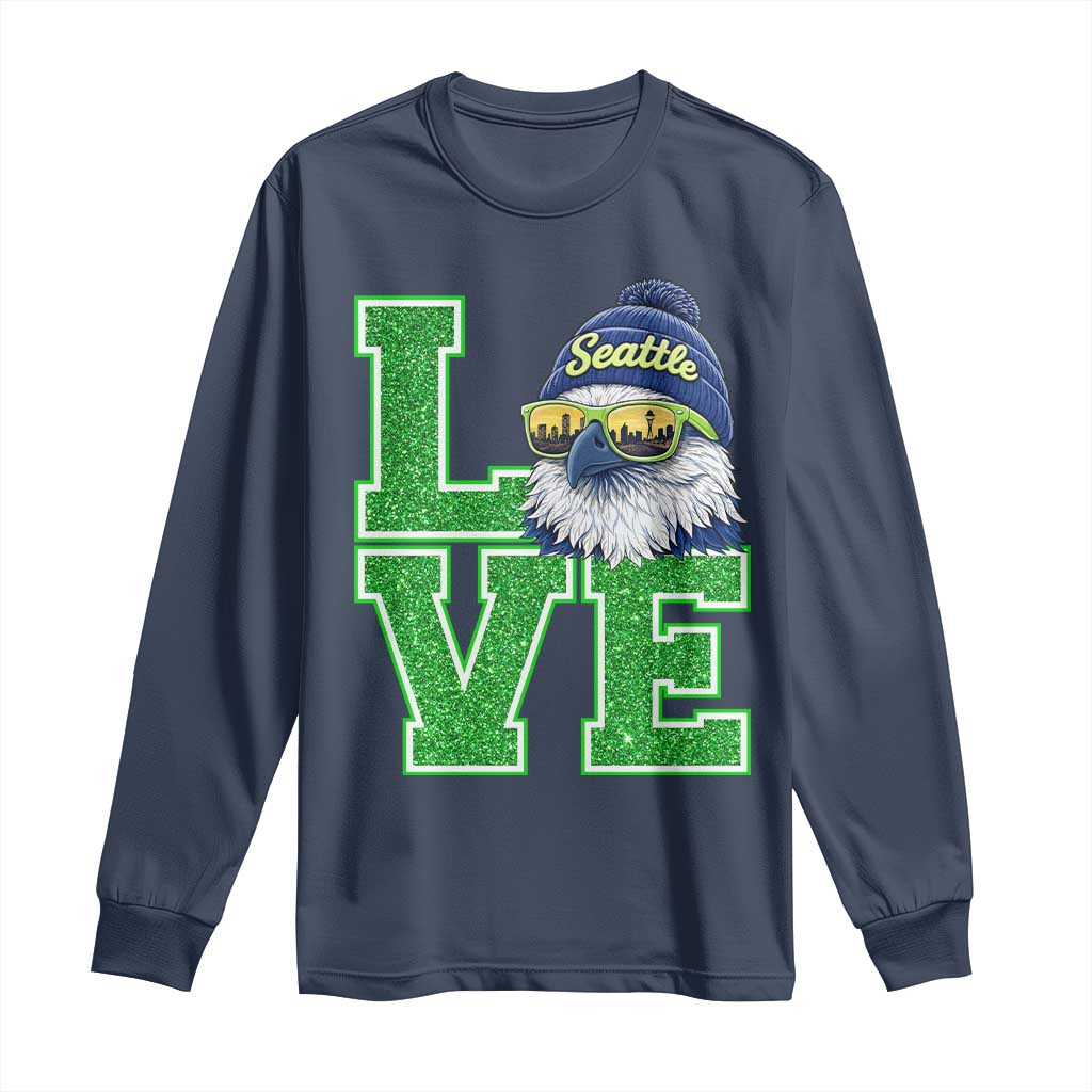 Seattle LOVE Hawk Graphic Long Sleeve Shirt Blue and Green Game Day Sports Fan TS02 Navy Print Your Wear