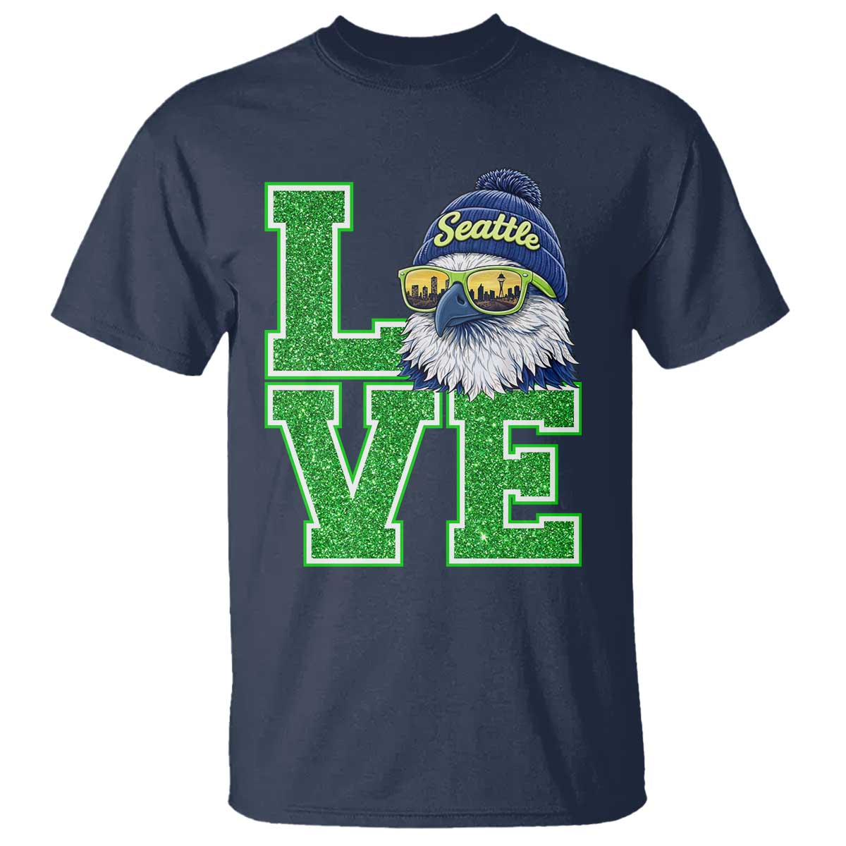 Seattle LOVE Hawk Graphic T Shirt Blue and Green Game Day Sports Fan TS02 Navy Print Your Wear