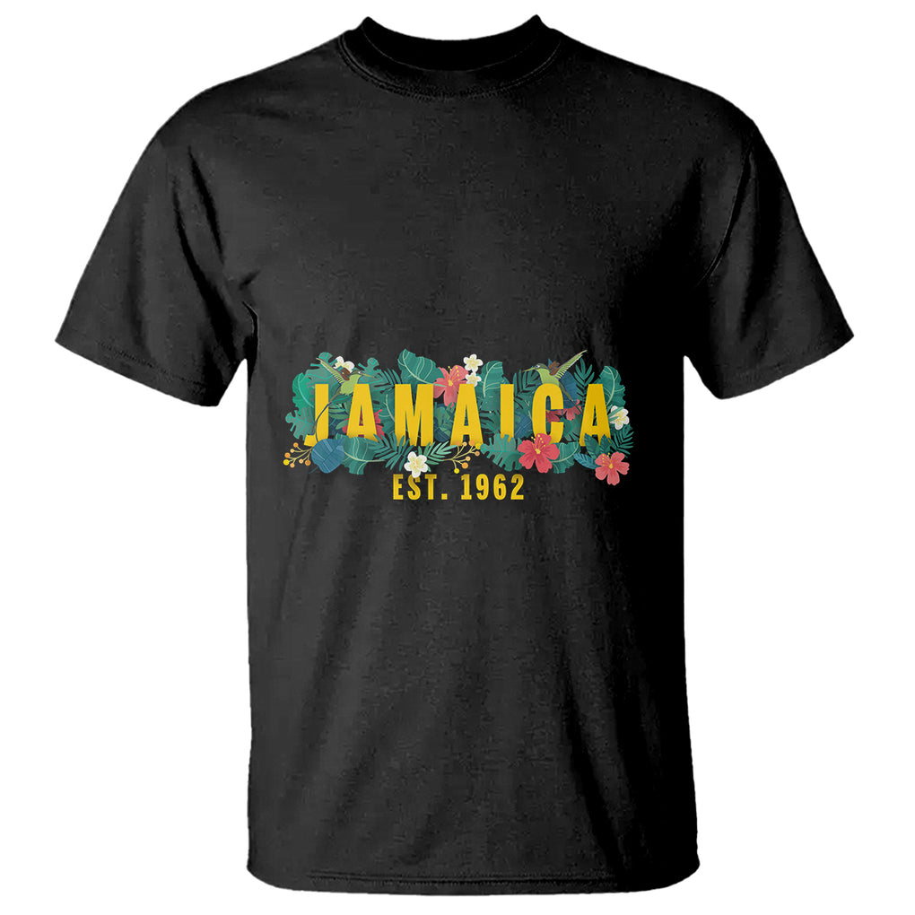 Jamaica Est 1962 Jamaican Flower Bird Travel Souvenir T Shirt TS02 Black Printyourwear