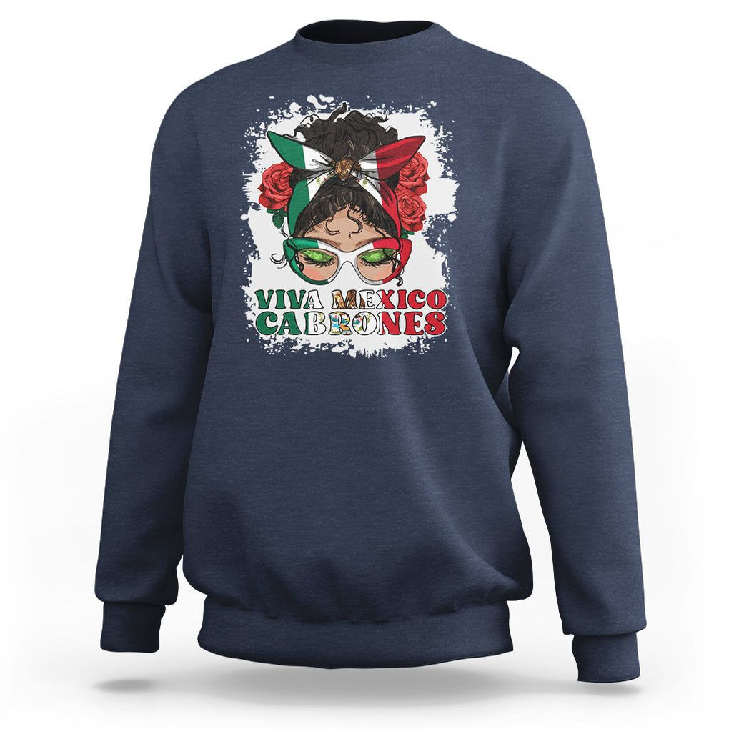 Mexican Independence Day Sweatshirt Viva Mexico Cabrone Messy Bun Latino Hispanic Mexican Flag TS02 Navy Printyourwear