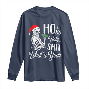 Skeleton Christmas Long Sleeve Shirt Ho Ho Holy Shit What A Year Funny Boujee Xmas Vibe TS02 Navy Print Your Wear