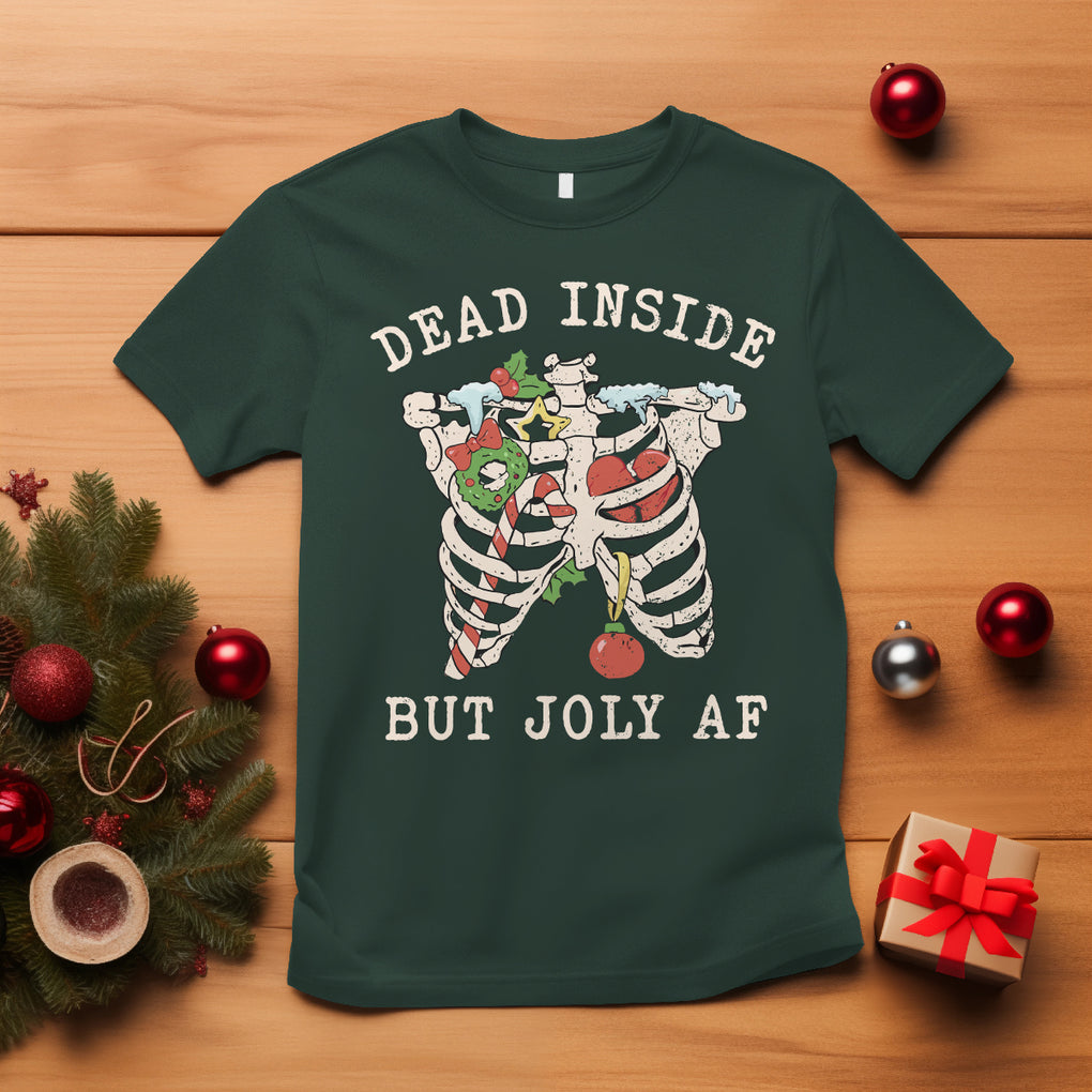 Skeleton Christmas T Shirt Dead Inside But Jolly AF Xmas Vibe TS02 Dark Forest Green Printyourwear