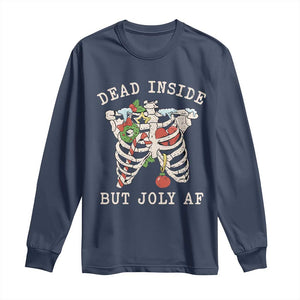 Skeleton Christmas Long Sleeve Shirt Dead Inside But Jolly AF Xmas Vibe TS02 Navy Print Your Wear