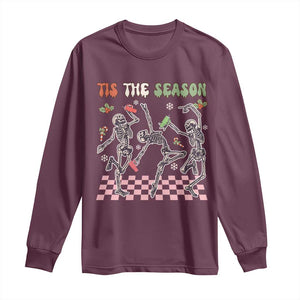 Dancing Skeleton Christmas Long Sleeve Shirt Tis The Season Retro Boujee Xmas Vibe TS02 Maroon Print Your Wear