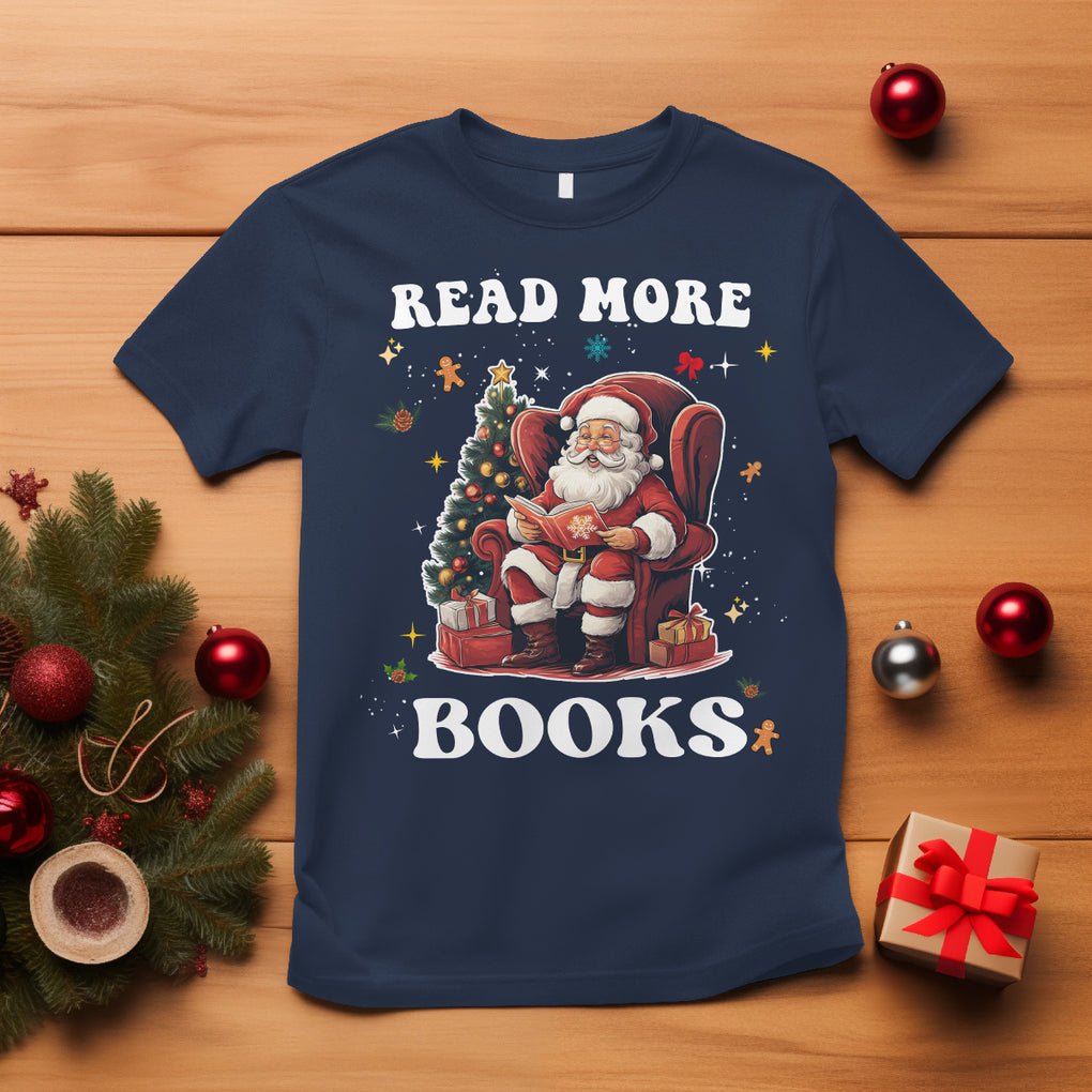 Reading Santa T Shirt Read More Books Funny Christmas Teacher Student Book Lovers TS02 Navy Printyourwear