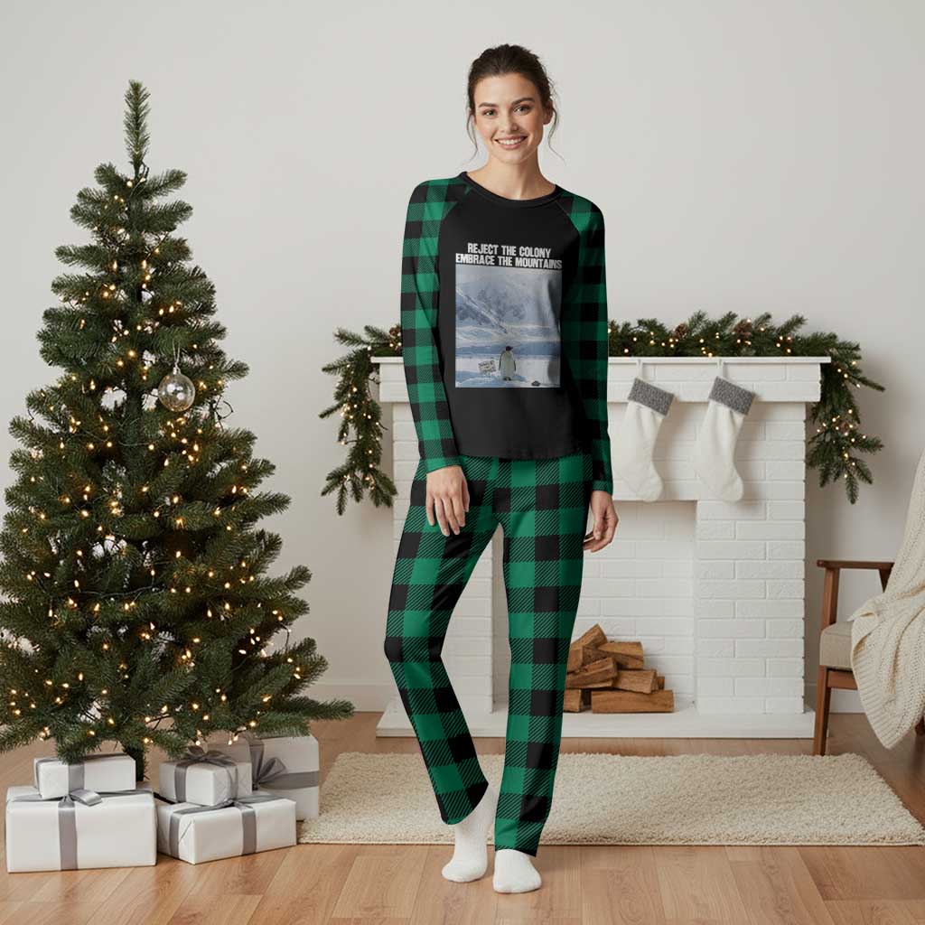 Funny Nihilist Penguin Existential Meme Plaid Pajama Set Reject the Colony Embrace the Mountains TS02 Green Plaid Print Your Wear
