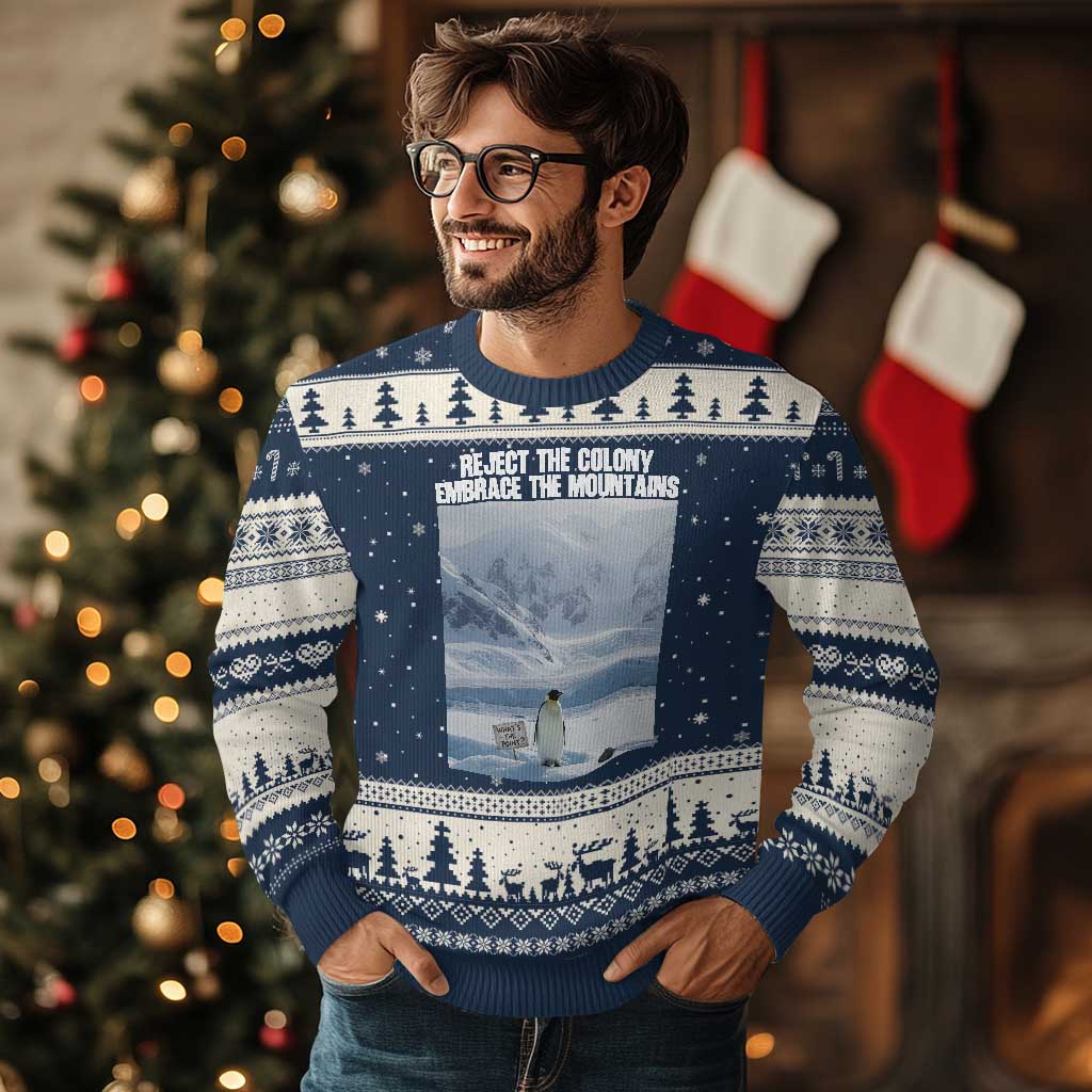 Funny Nihilist Penguin Existential Meme Ugly Christmas Sweater Reject the Colony Embrace the Mountains TS02 Navy Beige Print Your Wear