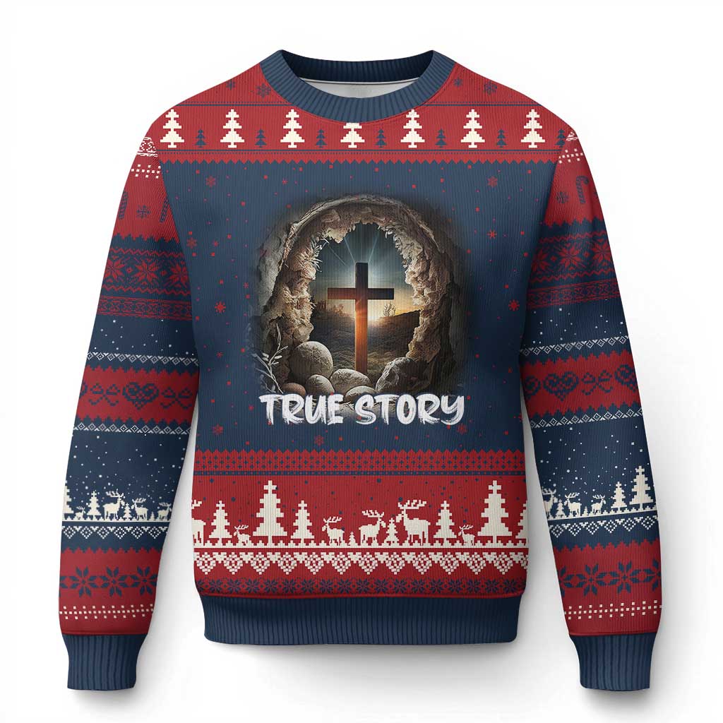 Jesus True Story Ugly Christmas Sweater Resurrection He Is Risen Religious Easter TS02 Navy Red Print Your Wear