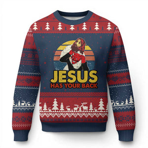 Funny Jesus Satan Meme Ugly Christmas Sweater Has Your Back Jiu Jitsu Retro Religious Christian TS02 Navy Red Print Your Wear