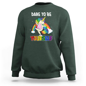 LGBT Cute Unicorn Sweatshirt Dare To Be Yourself LGBTQ Gay Pride Flag Rainbow TS02 Dark Forest Green Printyourwear