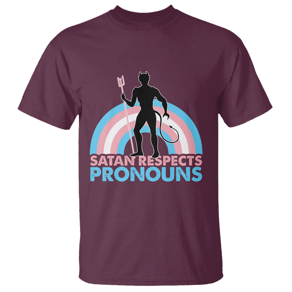 Satan Respects Pronouns T Shirt Transgender Pride Flag Devil Protect Trans Kids TS02 Maroon Printyourwear