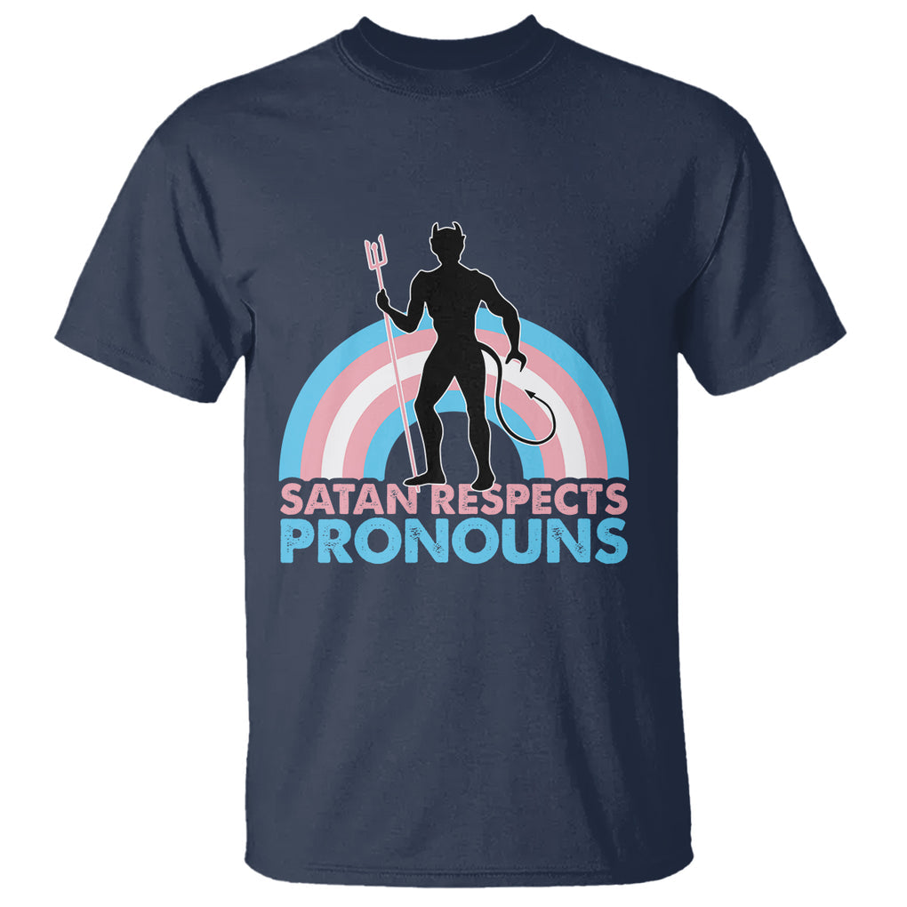 Satan Respects Pronouns T Shirt Transgender Pride Flag Devil Protect Trans Kids TS02 Navy Printyourwear
