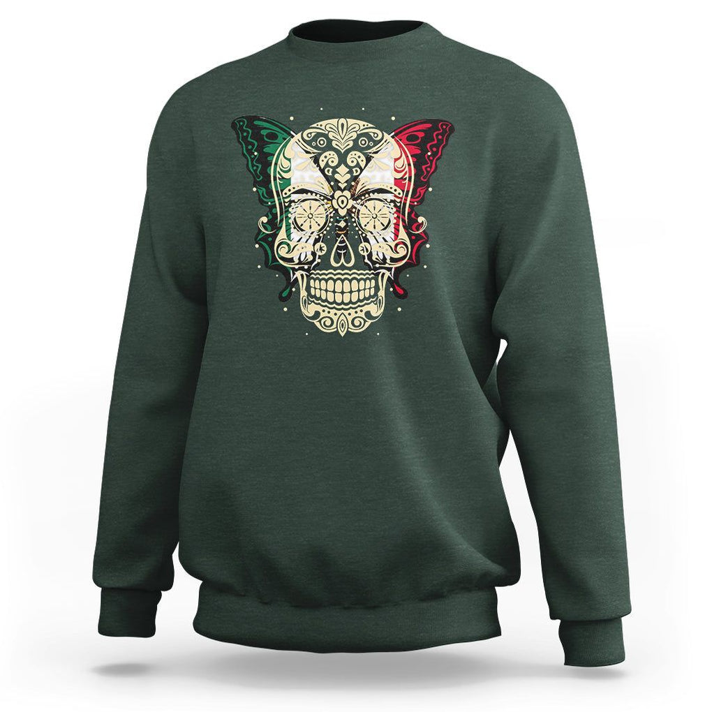 Mexican Sugar Skull Sweatshirt Mexico Flag Butterfly Latino Hispanic Heritage TS02 Dark Forest Green Printyourwear