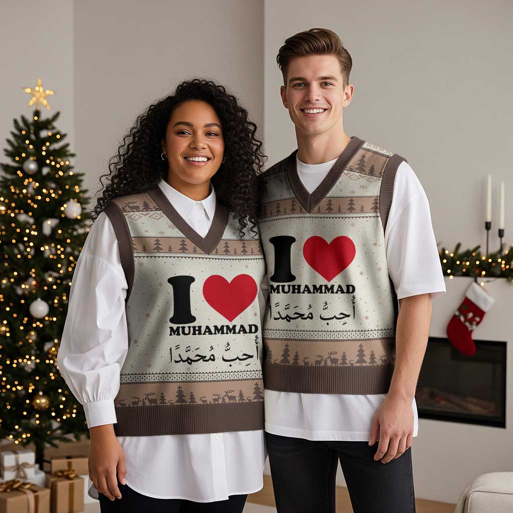 I Love Muhammad V-Neck Knit Sweater Vest Musliam Identity Islamic Peace and Pride TS02 Mocha Mousse Print Your Wear