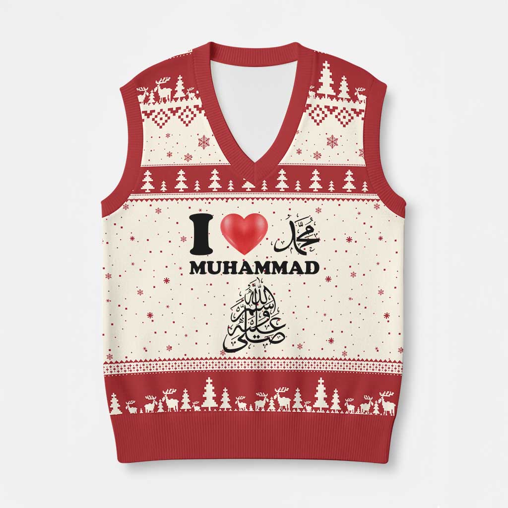 I Love Muhammad V-Neck Knit Sweater Vest Musliam Identity Faith Peace Pride Islamic Calligraphy TS02 Beige Red Print Your Wear