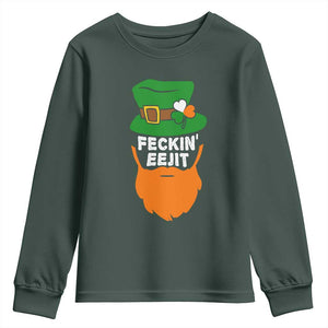 Funny St Patricks Day Youth Sweatshirt Feckin Eejit Irish Slang Idiot Patty's Day TS02 Dark Forest Green Print Your Wear