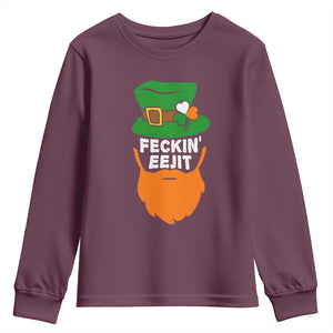 Funny St Patricks Day Youth Sweatshirt Feckin Eejit Irish Slang Idiot Patty's Day TS02 Maroon Print Your Wear