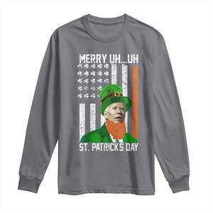 Funny Biden St Patricks Day Long Sleeve Shirt Merry 4th of Saint Patrick Uh Uh Leprechaun American Flag TS02 Charcoal Print Your Wear