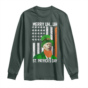 Funny Biden St Patricks Day Long Sleeve Shirt Merry 4th of Saint Patrick Uh Uh Leprechaun American Flag TS02 Dark Forest Green Print Your Wear