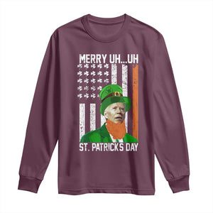 Funny Biden St Patricks Day Long Sleeve Shirt Merry 4th of Saint Patrick Uh Uh Leprechaun American Flag TS02 Maroon Print Your Wear