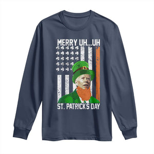 Funny Biden St Patricks Day Long Sleeve Shirt Merry 4th of Saint Patrick Uh Uh Leprechaun American Flag TS02 Navy Print Your Wear