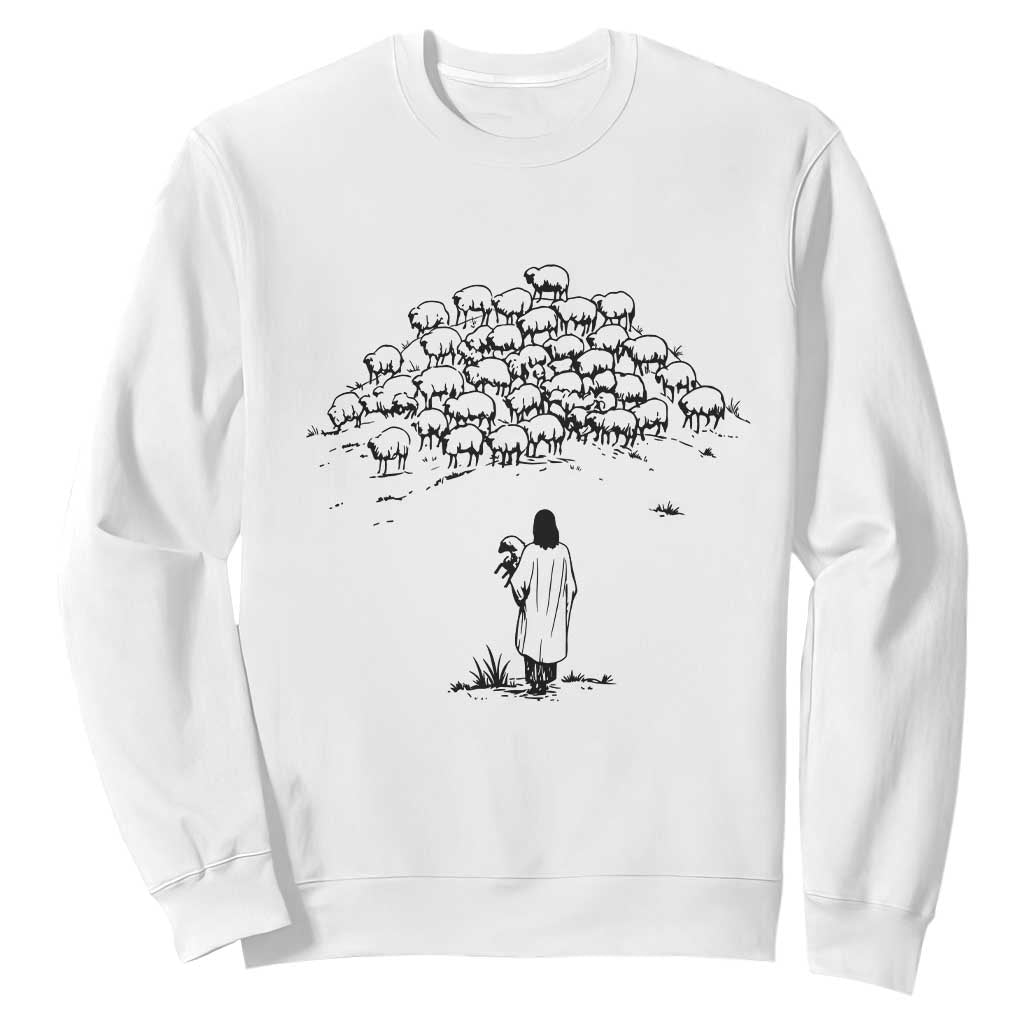 Jesus The Good Shepherd Minimalist Christian Sweatshirt Sheep Flock Faith Spiritual Inspirational Gift TS02 White Print Your Wear